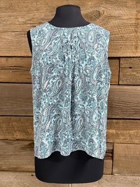 Talbots Pintuck Sleeveless top, Light blue/green paisley, Large Petite